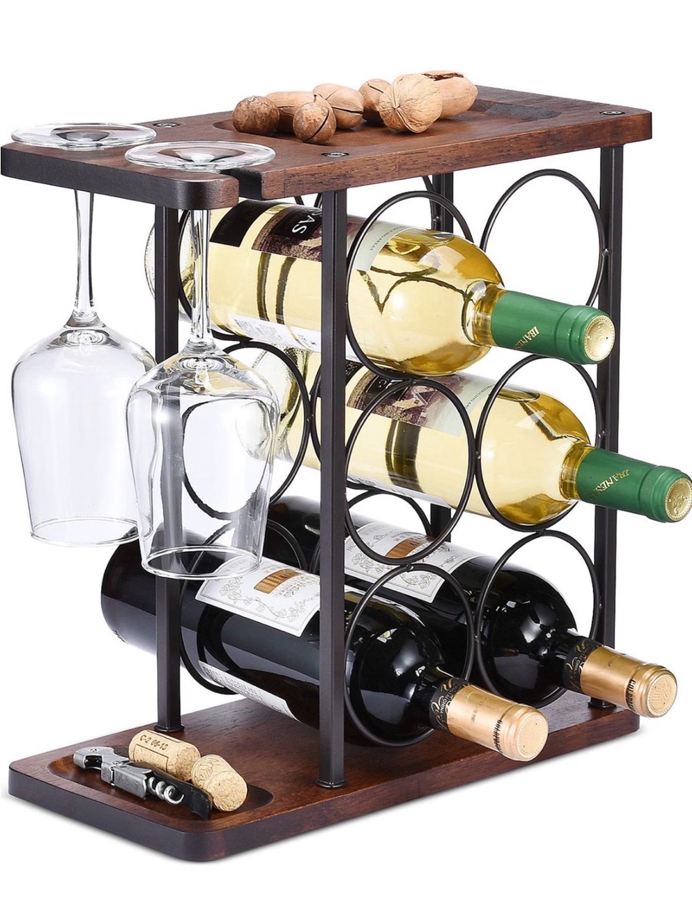 Rustic Brown Wood and Black Metal 6-Bottle Wine Rack with Stemware Holder